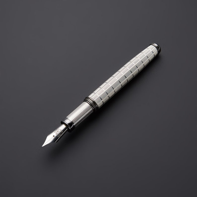 Handmade Solid Silver 925 Fountain Pen – Chessboard Guilloché & Black Gold Plating