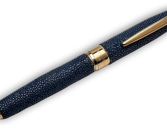 Ocean Blue Stingray Leather Fountain Pen with Sterling Silver Grip & Gold-Plated Details - Italy