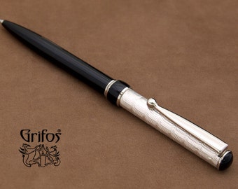 Handcrafted Sterling Silver Ballpoint Pen Black Lacquer Barrel Handmade in Italy Twist Mechanism