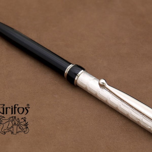 Handcrafted Ballpoint Pen Solid Sterling Silver 925 Black Lacquer Handmade in Italy Twist Mechanism