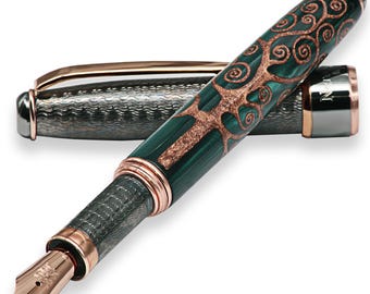 Klimt Tree of Life Fountain Pen: Green Resin, Black Gold Sterling Silver, Italian Made