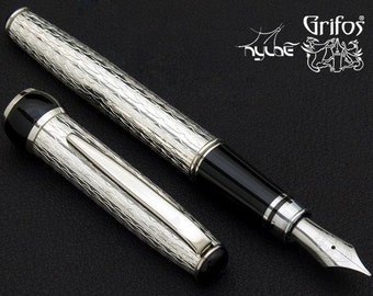 Handmade Fountain Pen in Sterling Silver Original Italian Guilloché Design Italy