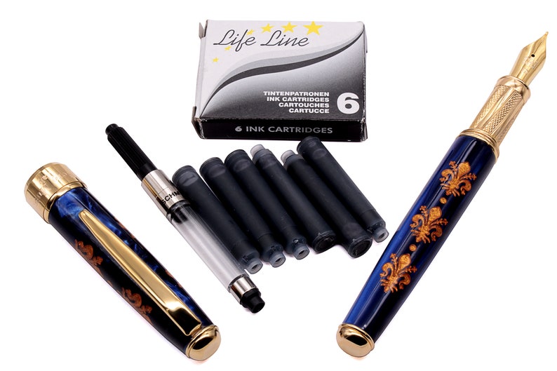 Italian Renaissance Art Fountain Pen with Florence Lily Flower and Vermeil Gold Grip