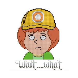 May include: A cartoon illustration of a person with red hair wearing a yellow construction hat with an orange circle on it. The person has a confused expression and is saying "Wait...what".