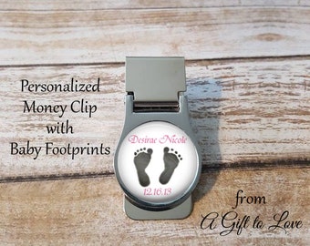 SALE!   Shiny silver Money Clip - Baby Footprints with name and birth date. - Gift for Dad