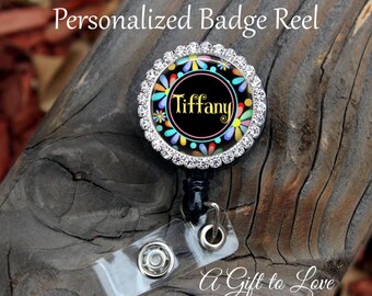 SALE! !Personalized Badge Reel - Gift for Nurse - Gift for Teacher - Funky Flowers