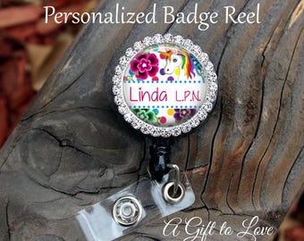 SALE! Personalized Badge Reel - Gift for Nurse - Gift for Teacher - Floral Unicorns