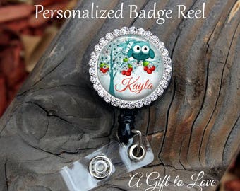 SALE! Personalized Badge Reel - Gift for Nurse - Gift for Teacher - Cherry Blossum Owls