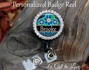 Sale! Personalized Badge Reel - Gift for Nurse - Gift for Teacher - Floral Diamonds