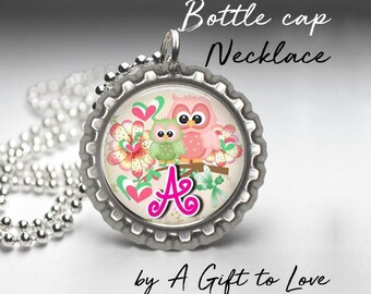 SALE! Personalized Bottle Cap Necklace - Elegant Owls-  Party Favor - Child Gift -  Birthday Gift