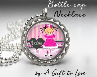 SALE! Personalized Bottle Cap Necklace - Stick Girl -  Party Favor - Child Gift -  Birthday Gift