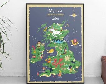 Illustrated Kids Mythology Map, Mythical Creatures of the British & Irish Isles, Mythical Beasts, Folklore, Myths and Legends