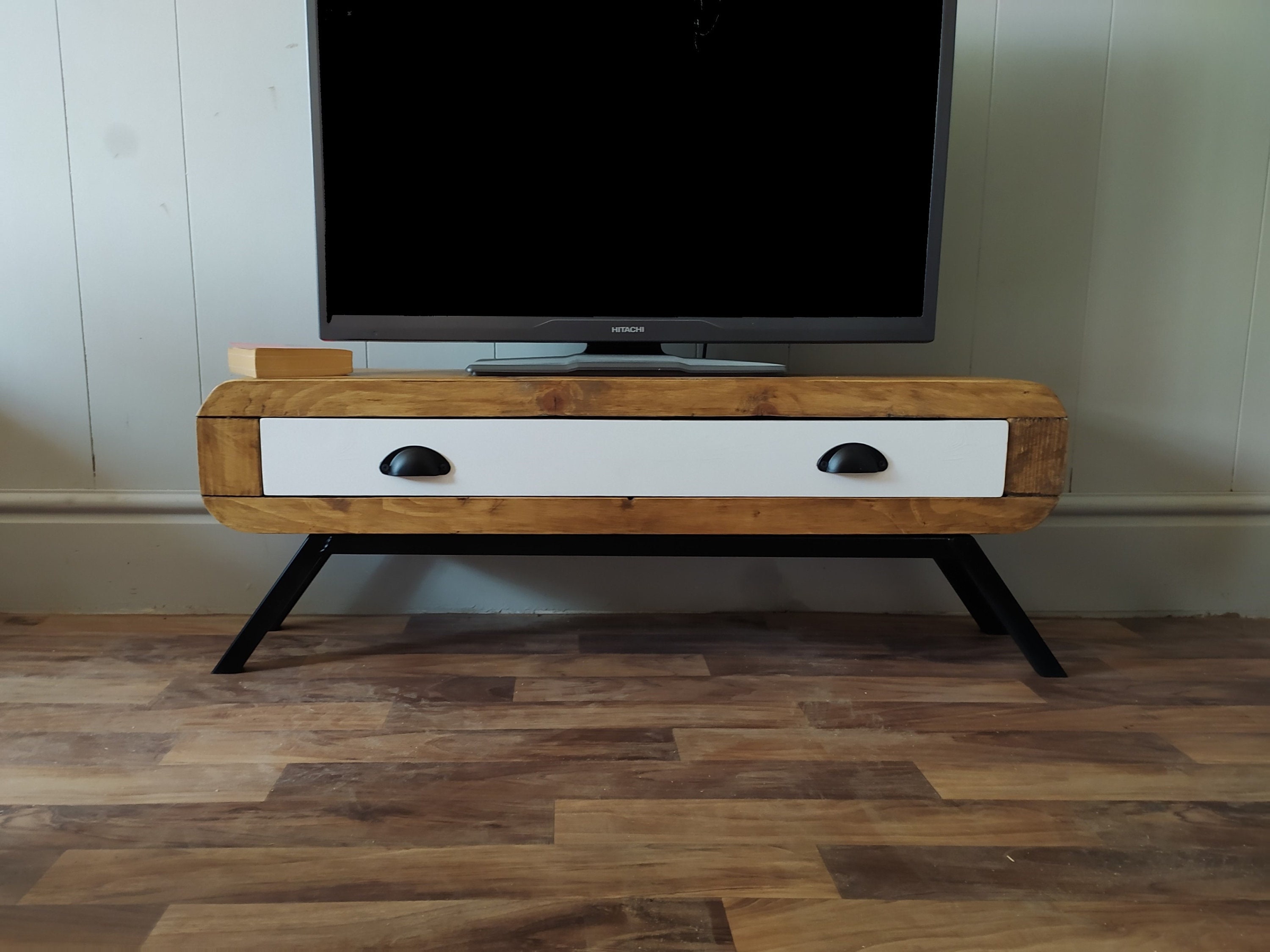 Tv stand narrow retro style with large drawer black frame Etsy