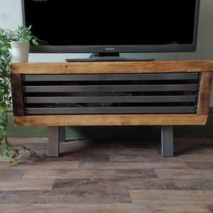 Tv stand rustic industrial tv unit with drop down metal front industrial, speaker stand, side table
