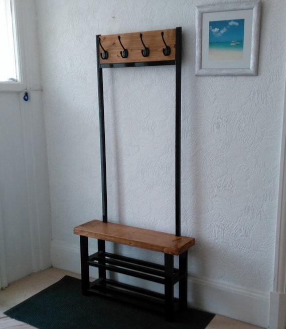 Coat Stand With Bench Seat Double Shelf Shoe Storage Black Etsy
