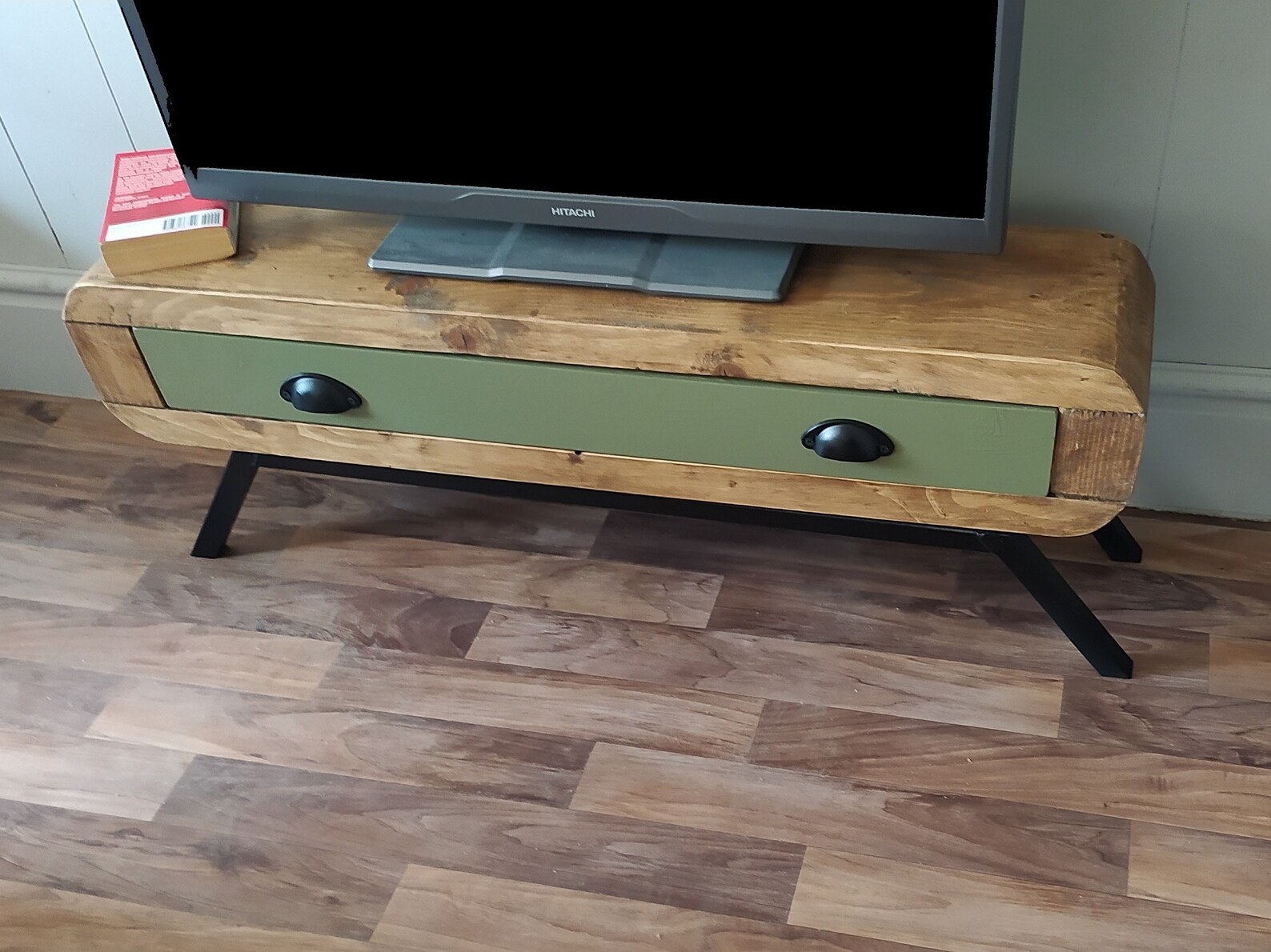 Tv Stand Narrow Retro Style With Large Drawer Black Frame Etsy