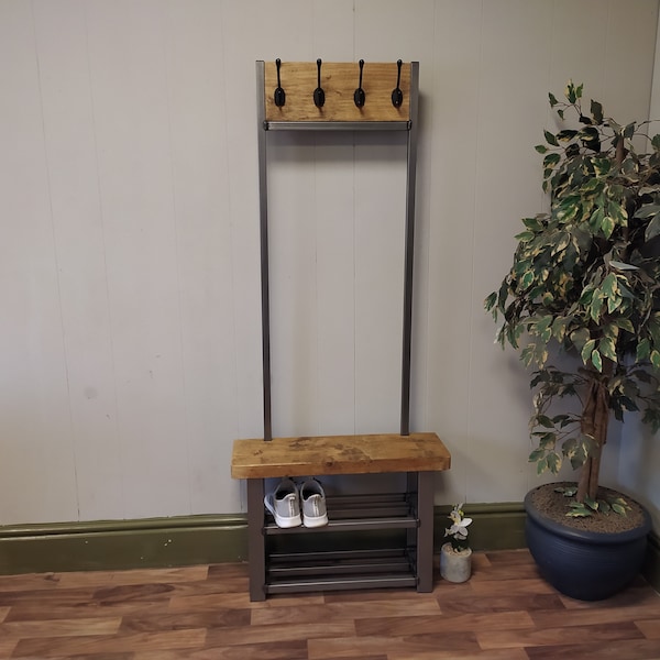 Coat stand with bench seat & double shelf shoe storage