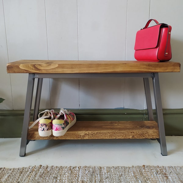 Shoe rack bench splayed leg, slim design, rustic solid wood seat / shelf.