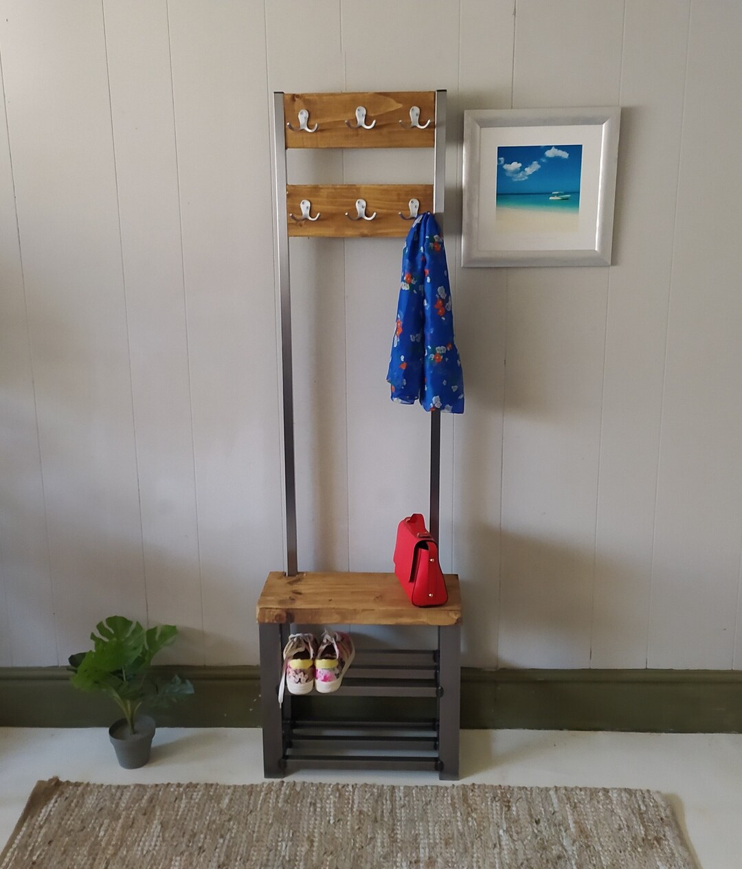 Coat Stand With Bench Seat, Double Shoe Rack to Base, Double Row of