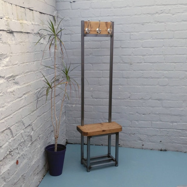 Coat stand for hallway with small seat and shoe storage, ideal for porch Satin Nickel hooks
