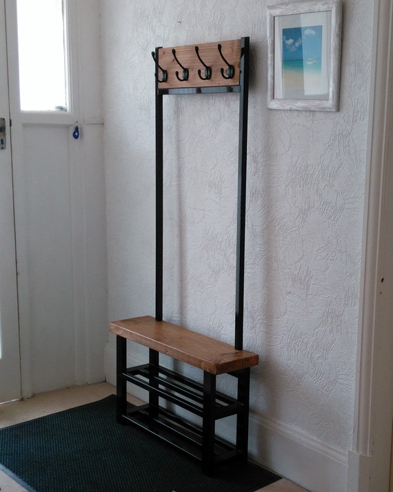 Coat Stand With Bench Seat Double Shelf Shoe Storage Black Etsy