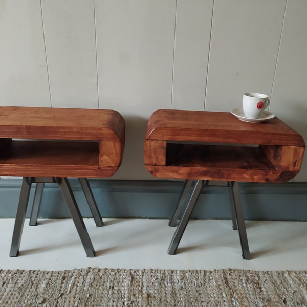 Side tables or bedside tables mid century style, Slim night stands rustic wood set of two