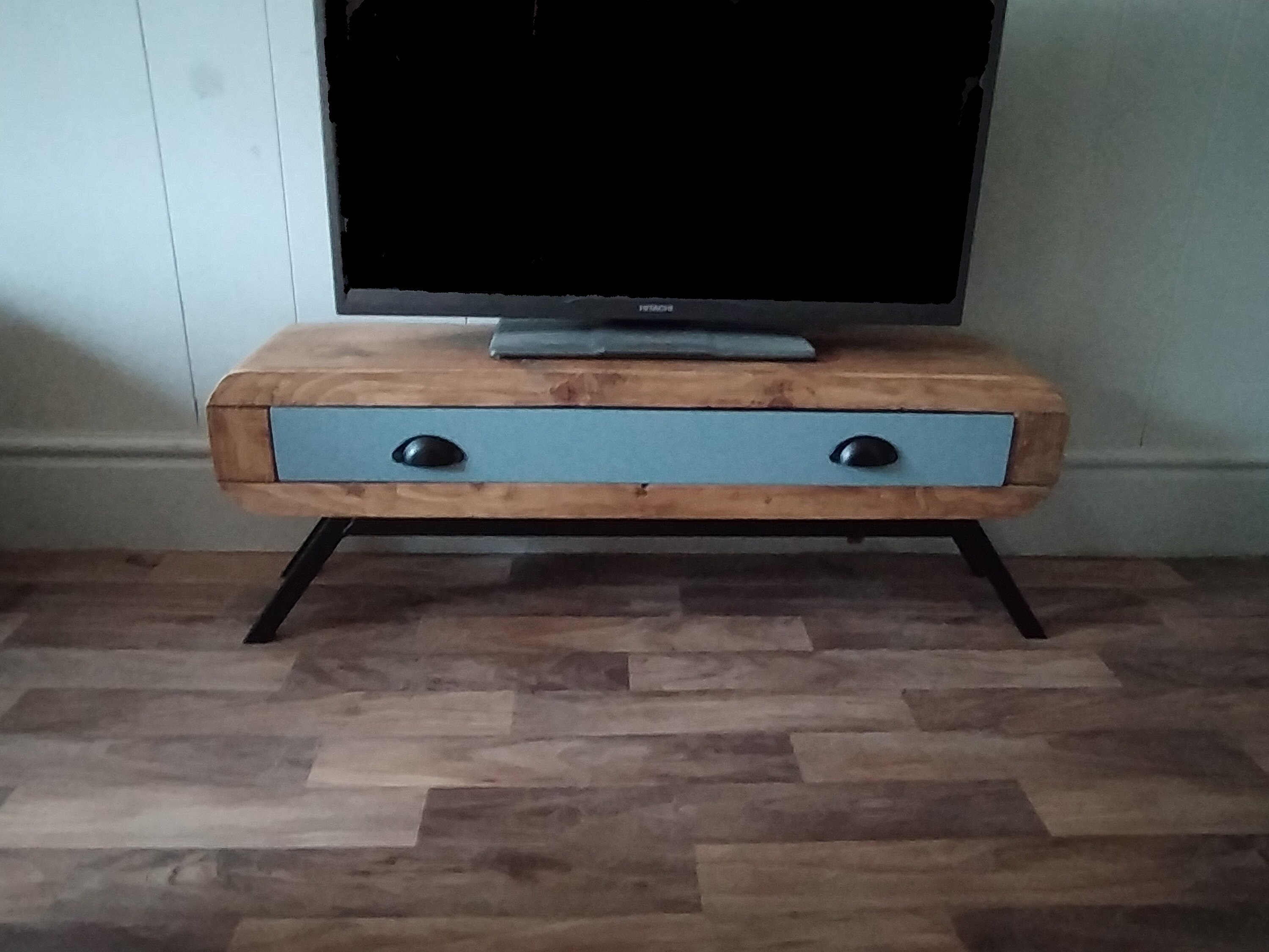 Tv stand narrow retro style with large drawer black frame Etsy