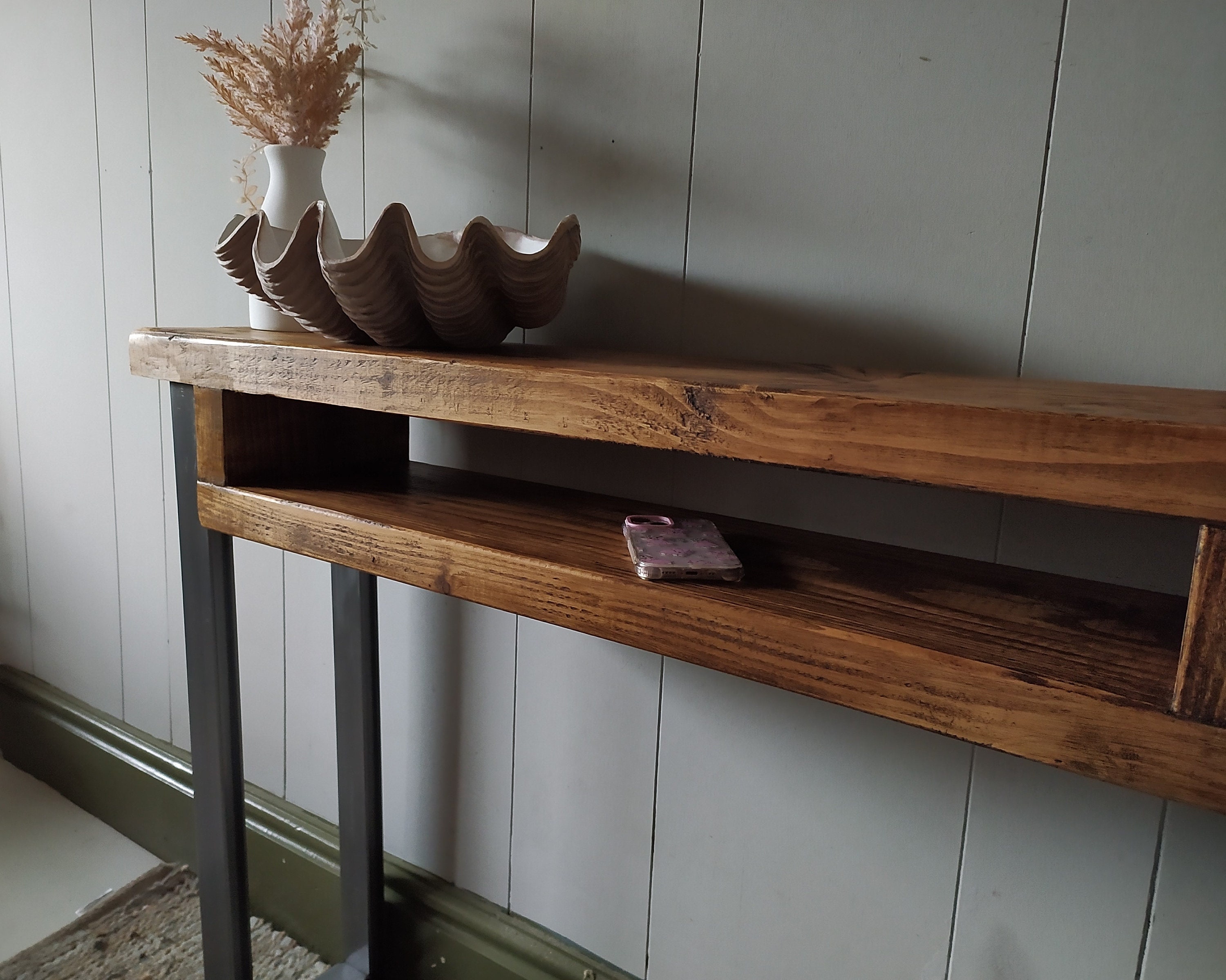 Console Table Chunky Wood With Small Shelf Contemporary Rustic Etsy UK
