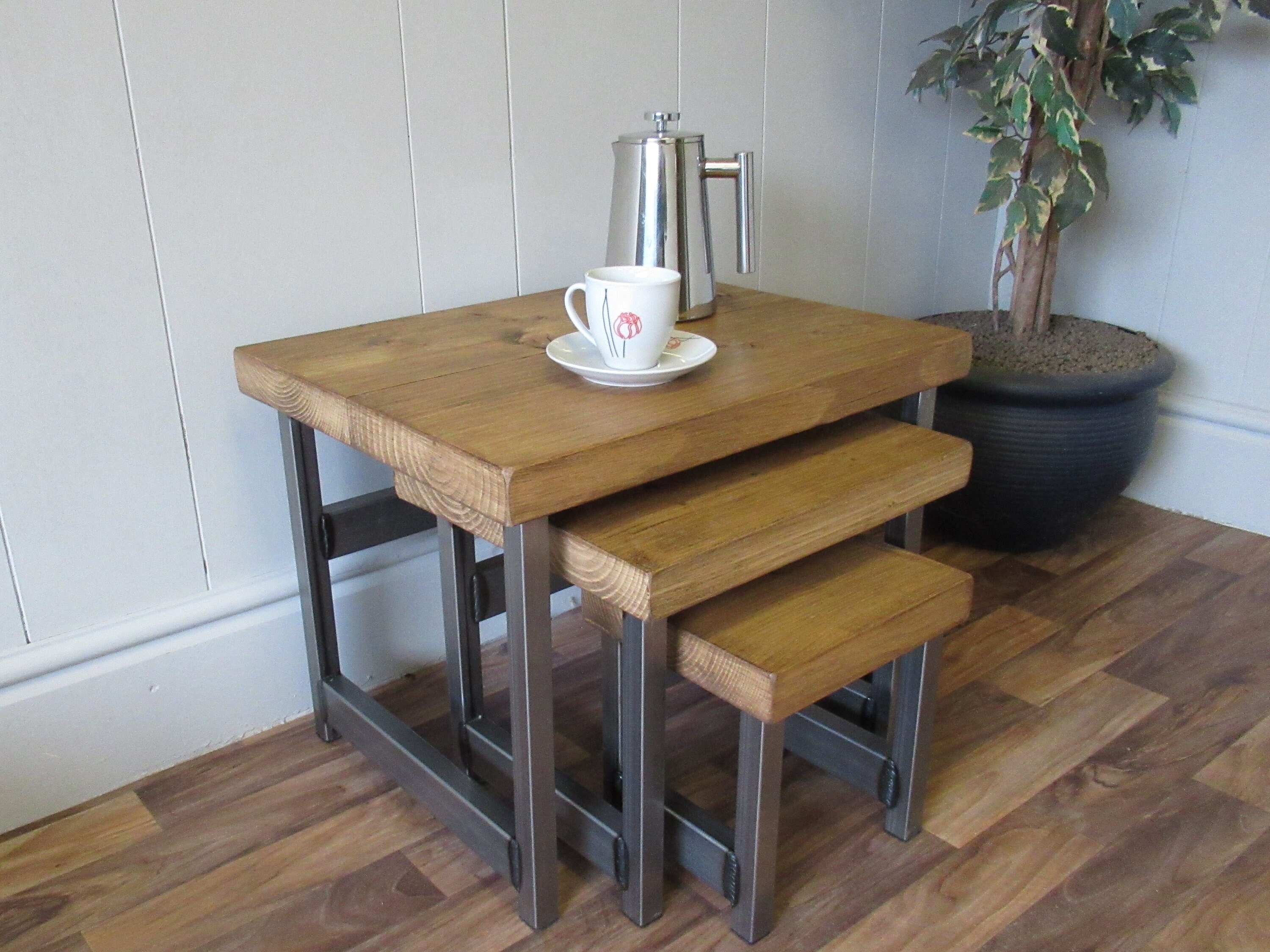 Nest of 3 Rustic Coffee Tables Wood & Metal Industrial Chic Etsy UK