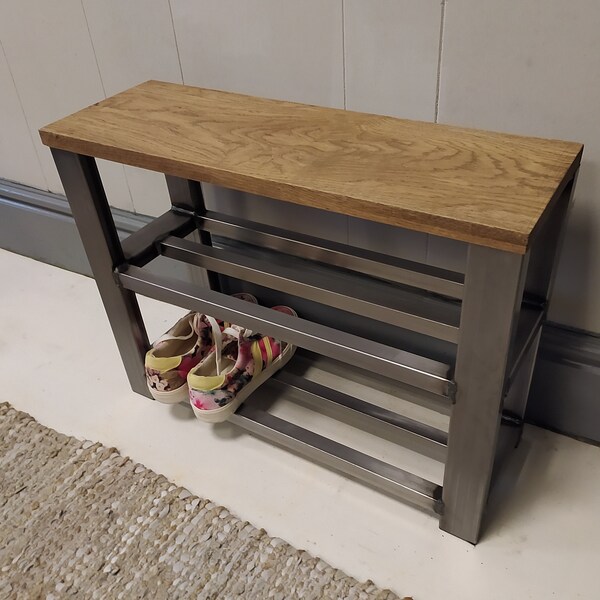 Solid Oak seat two tier shoe rack bench.