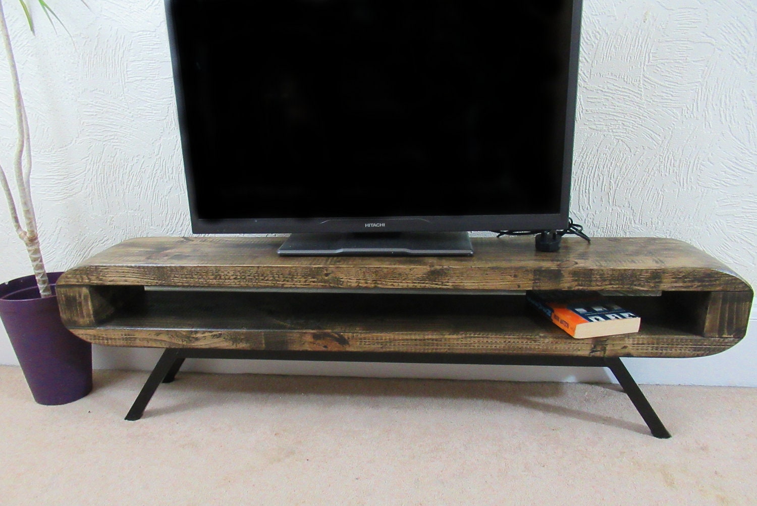 Tv Stand Narrow Retro Style With Black Frame Rustic Tv Unit Etsy UK