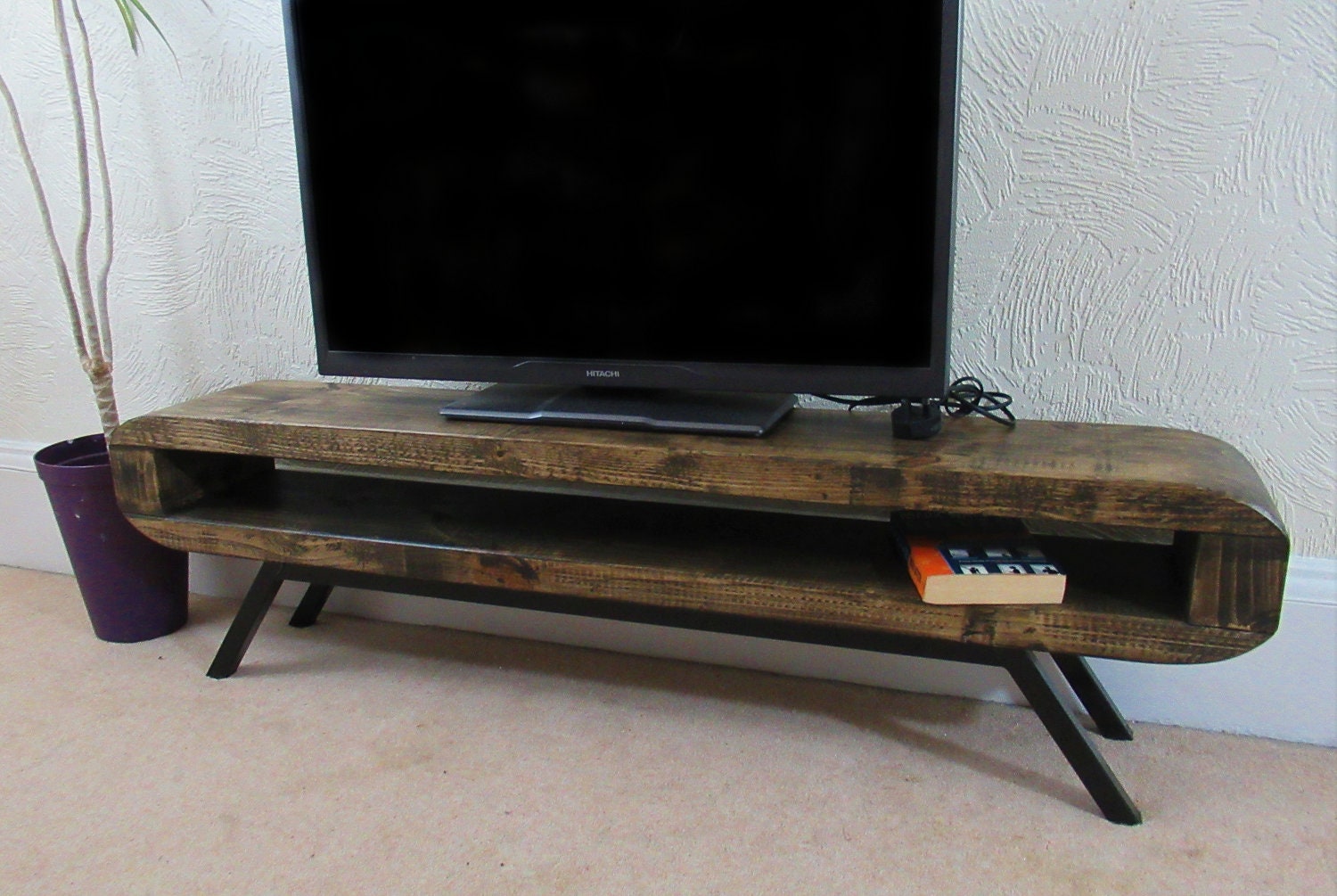 Tv Stand Narrow Retro Style With Black Frame Rustic Tv Unit Etsy UK
