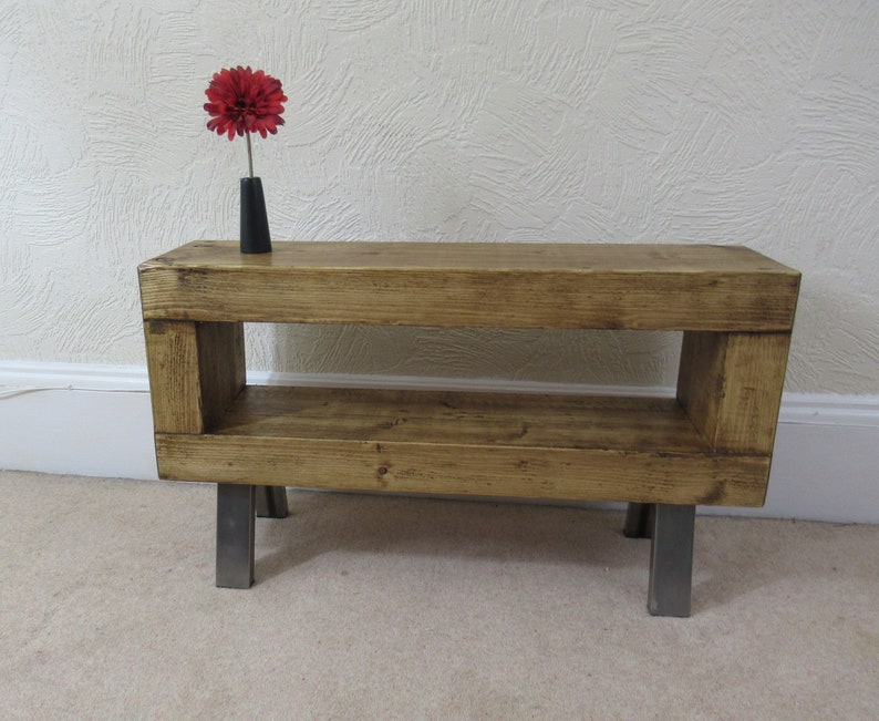 Slim Tv Stand Rustic Chunky Wooden Unit With Metal Legs