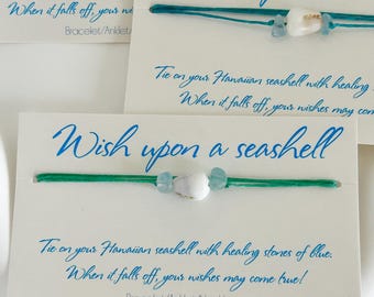 Mariage hawaïen personnalisable, bracelet de souhaits en coquillage et aigue-marine, collier ou bracelet de cheville avec message
