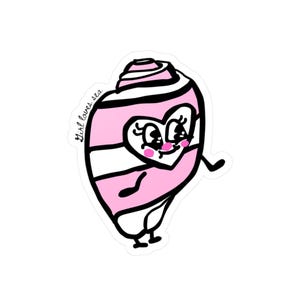 May include: A sticker featuring a cartoon seashell with a heart-shaped face. The seashell is pink with white stripes and has a smiling face with black eyes and rosy cheeks. The text "girl loves sea" is written on the left side.