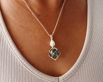 Miniature glass float netted 18” cord necklace with fresh water pearl