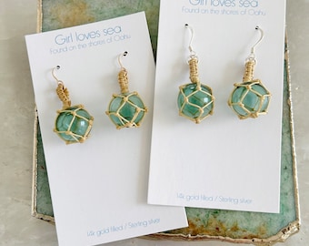 Miniature glass float netted ball earrings 14k gold fill or sterling silver