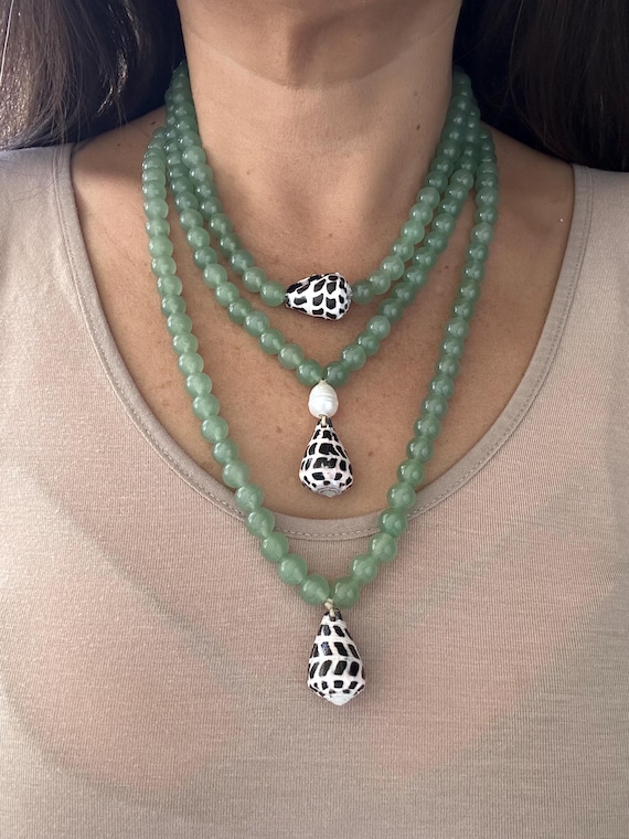Hebrew Cone Shell & Aventurine Necklace, Adjustable Beaded Jewelry