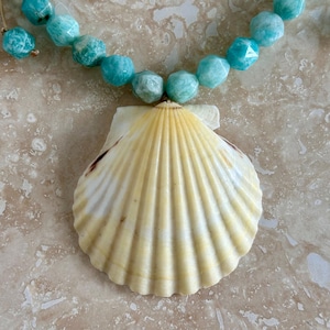 May include: A necklace featuring a large, cream-colored seashell pendant with a ribbed texture. The necklace has a strand of faceted, turquoise-colored beads. The seashell has a hint of red on the edge.