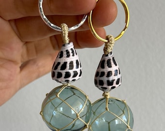 Mini glass float and Hebrew cone shell keychain ring bag charm rear view mirror decor Beachy netted ball handmade