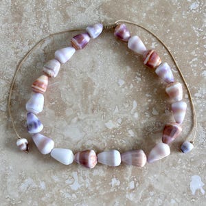 May include: A necklace featuring a series of smooth, conical-shaped sea shells in shades of white, lavender, and brown. The shells are strung on a thin, light-colored cord with an adjustable sliding knot closure at the top and small shell beads.