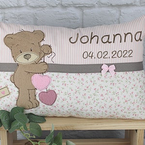 Personalized children's pillow for birth or baptism. With the motif Teddy in pink-beige made of cotton fabric. Custom-made for you.