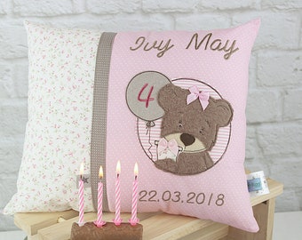 Personalized children's pillow for birth or baptism. With a small teddy pink, beige, made of cotton fabric. Custom made for you.