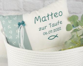 Personalisiertes Kissen zur Taufe, in grün und weiß, aus Baumwollstoff, ein tolles Namenskissen, Geldgeschenk, Taufe