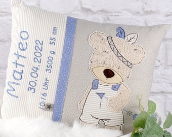 Personalized pillow for birth or baptism, with an Indian teddy, in beige, blue, in cotton fabric, with name, Biggis Design