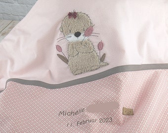 Sweet personalized baby blanket with otters in old pink, beige, made of cotton fabric