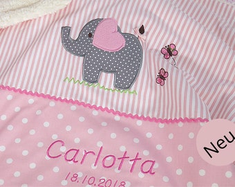 Cute personalized baby blanket, crawling blanket with elephant for girls, pink, cotton fabric