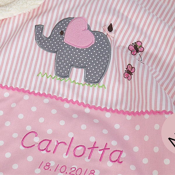 Süße personalisierte, Babydecke, Krabbeldecke mit Elefant für Mädchen, rosa, Baumwollstoff