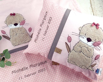 Savings set baby blanket and name cushion otter in dusky pink, for birth or christening, blue, personalized