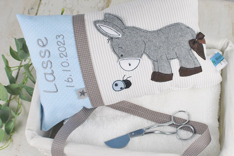 Personalized pillow as a christening gift, birth gift for boys with donkey in blue and beige, personalized baby pillow, children's pillow image 7